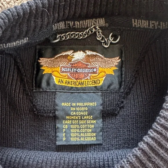 Harley-Davidson Black Crewneck Sweater with White and Orange Stripes - Picture 2 of 4